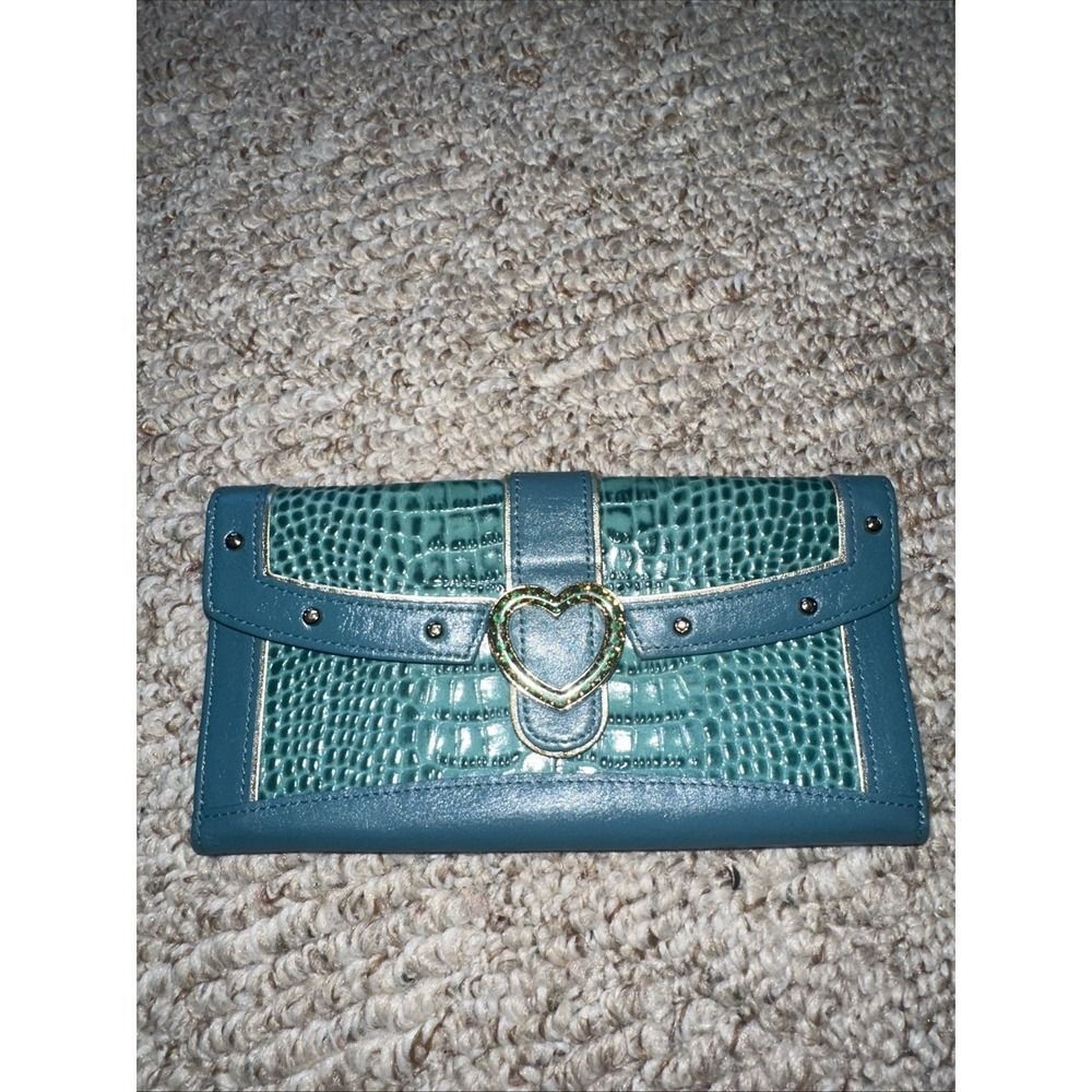 Lovecat Teal Leather  Wallet Faux Croc Embossed Card Slots Large EUC